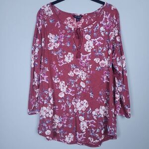 Lucky Brand Womens Floral Boho Top Sz Large Keyhole Long Sleeve Bloomcore Tassel